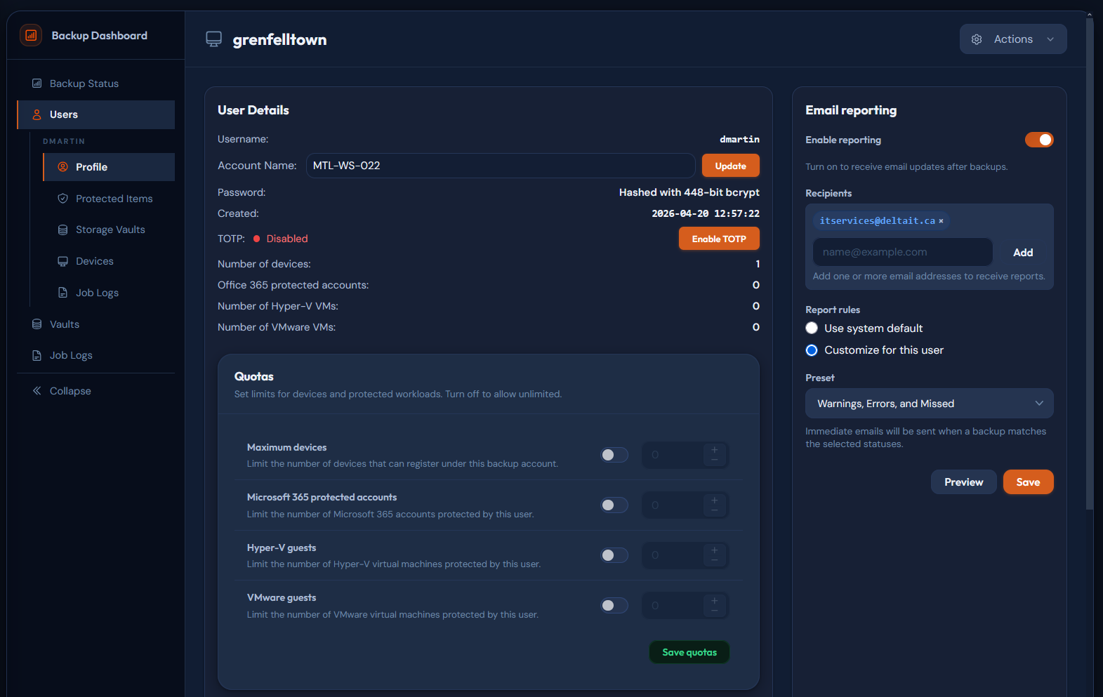 eazyBackup control panel showing fleet-wide device management, backup schedules, and restore controls.