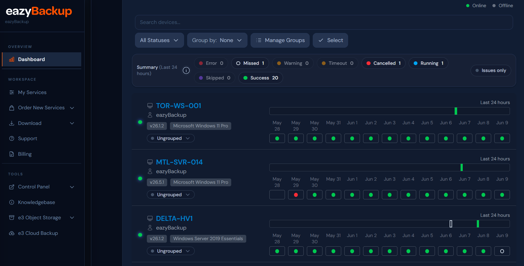 Per-client backup status and health