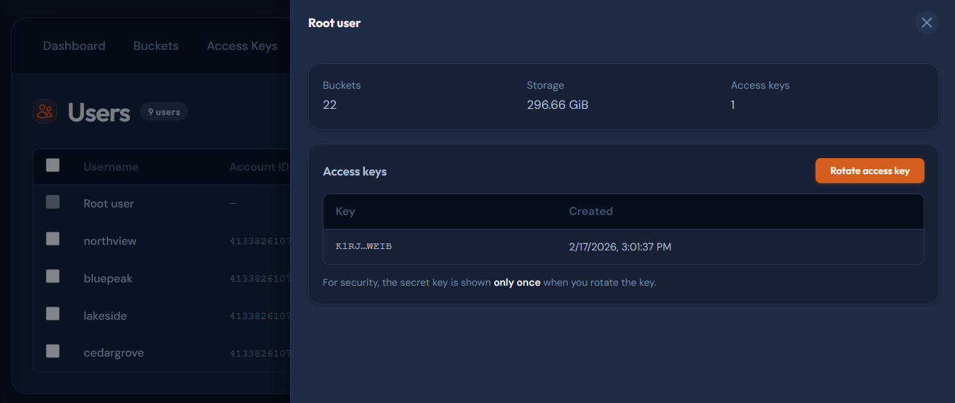 e3 dashboard – User detail with API keys and subusers