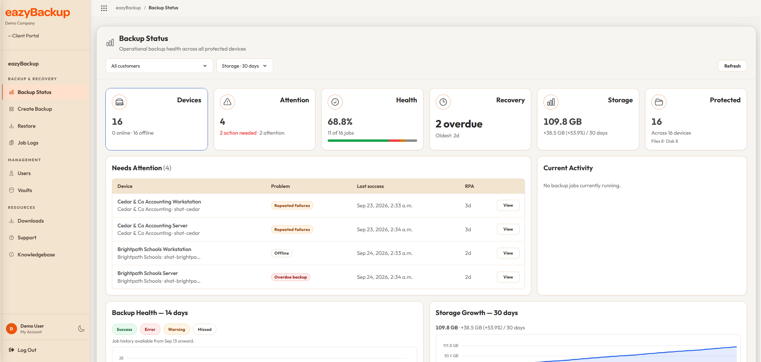 Backup status overview showing devices, attention items, health, recovery, storage, and protected workloads
