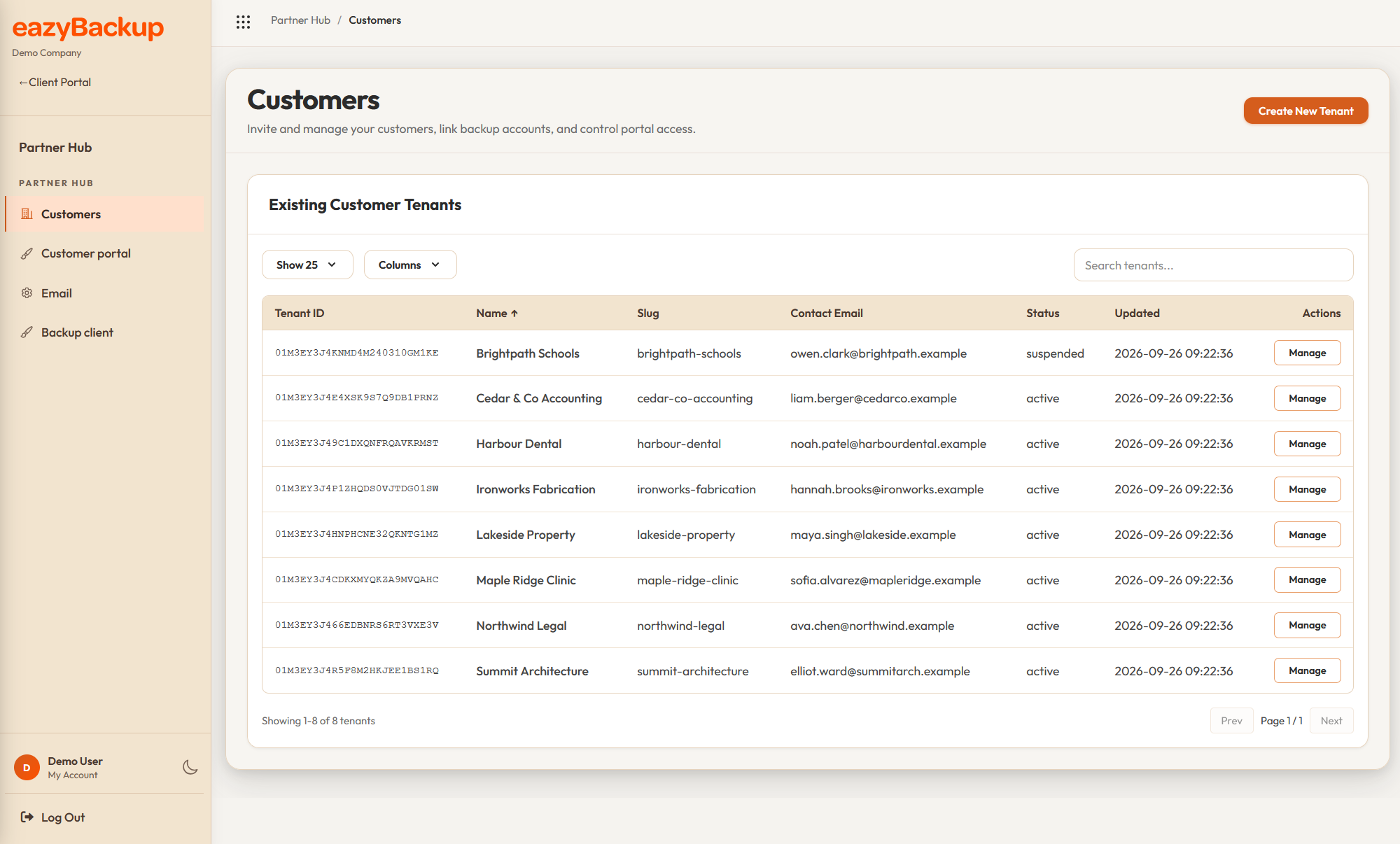 Partner Hub customer list showing separate managed customer accounts