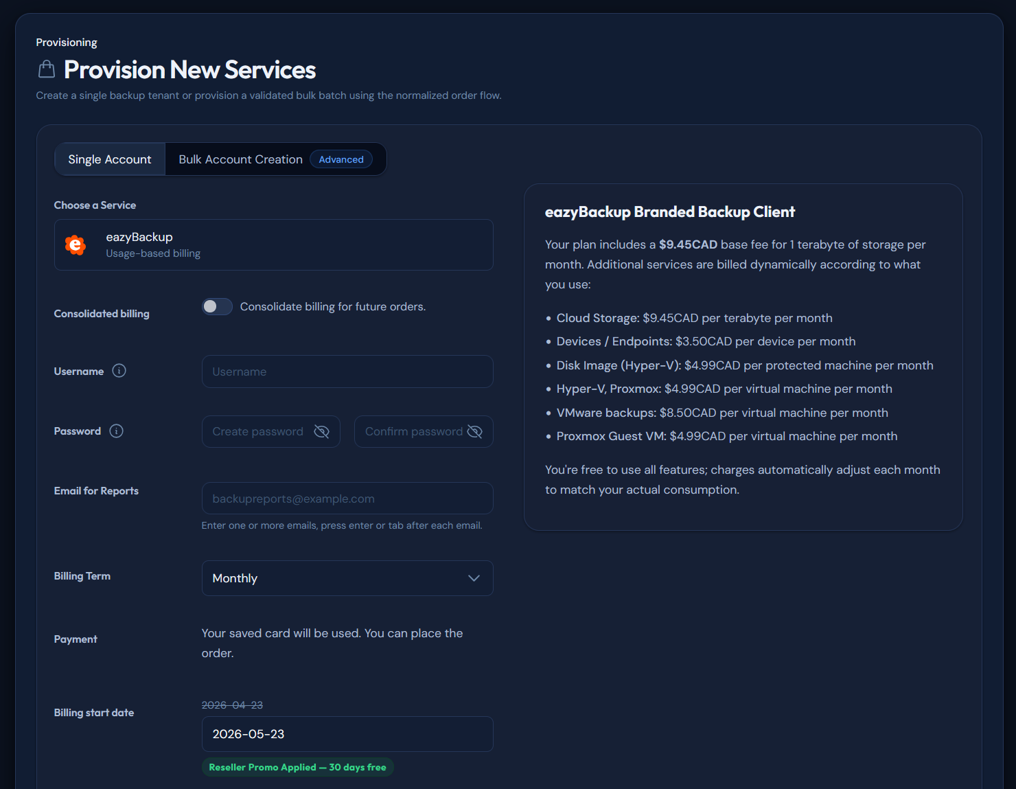 Provision New Services screen showing service selection, billing summary, single and bulk creation tabs, and reseller promo badge
