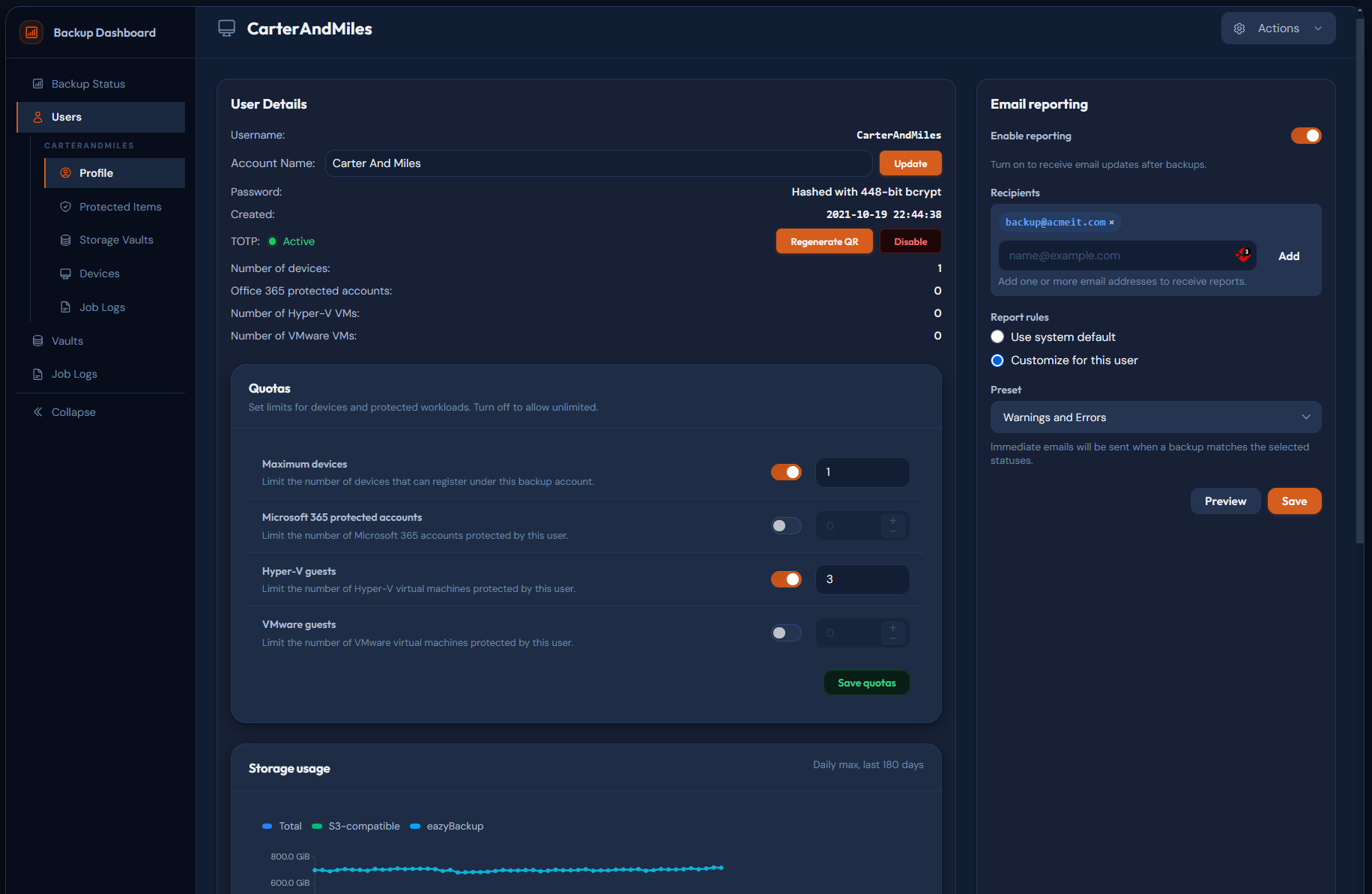 Per-client account management showing user details, quotas, email reporting, and storage usage chart