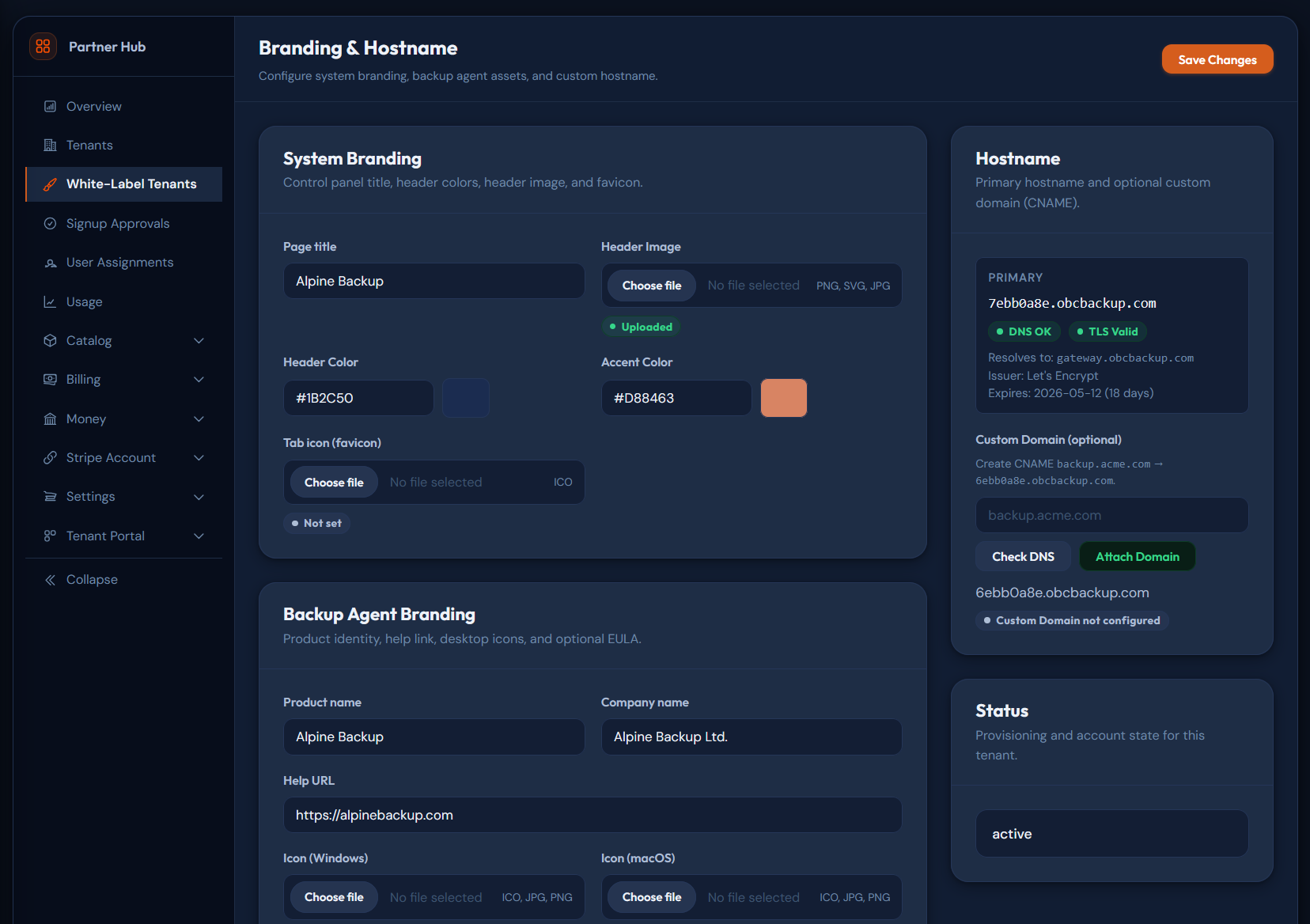 Branded client web portal with partner header image and colour scheme